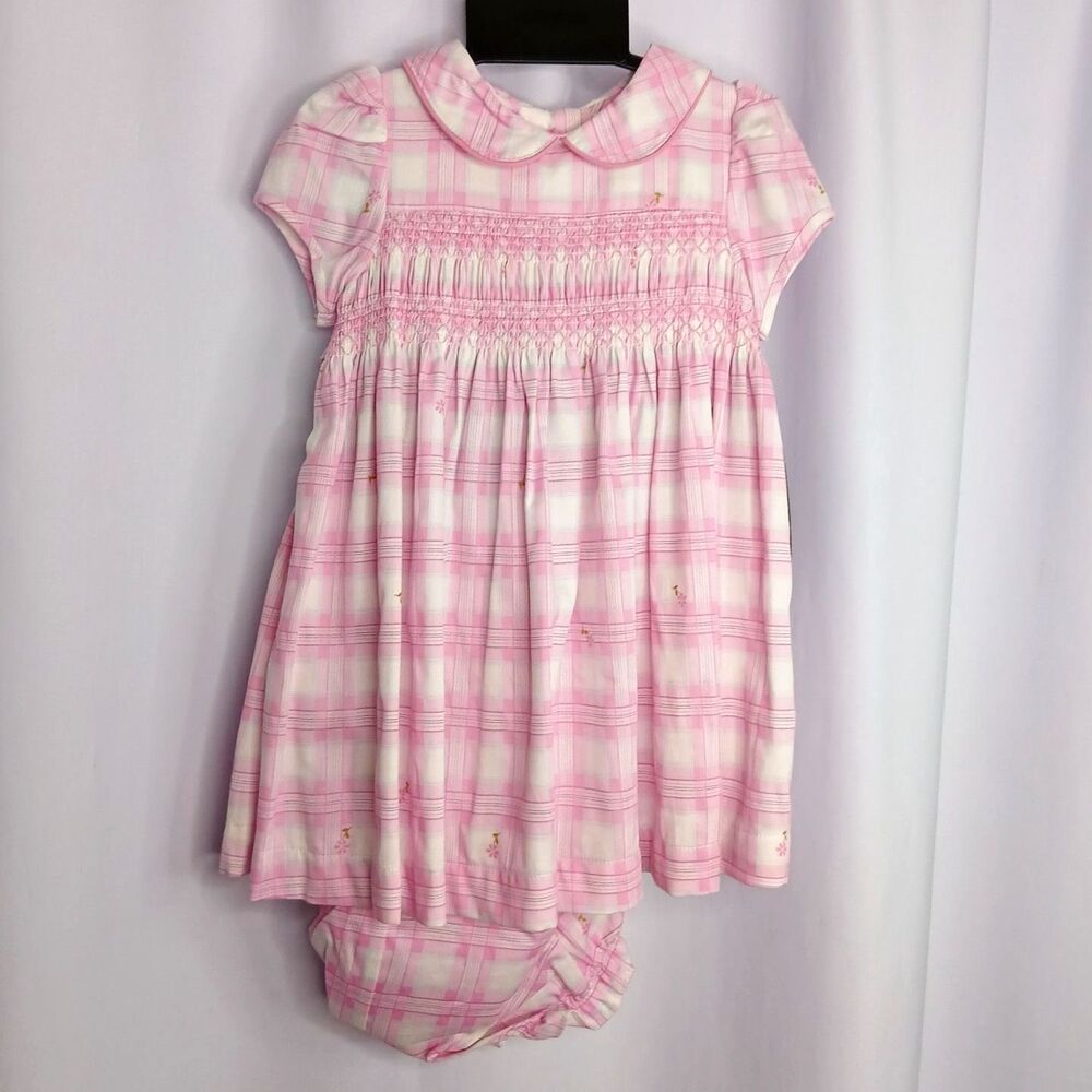 Laura Ashley Smocked Dress Short Slv Pink Plaid w/ Flowers NWT Infant Girls 12 m